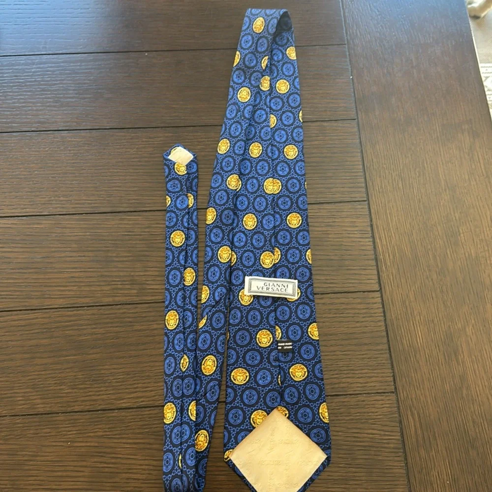 Gianni Versace Vintage Blue with Gold Medusa Print Silk Tie